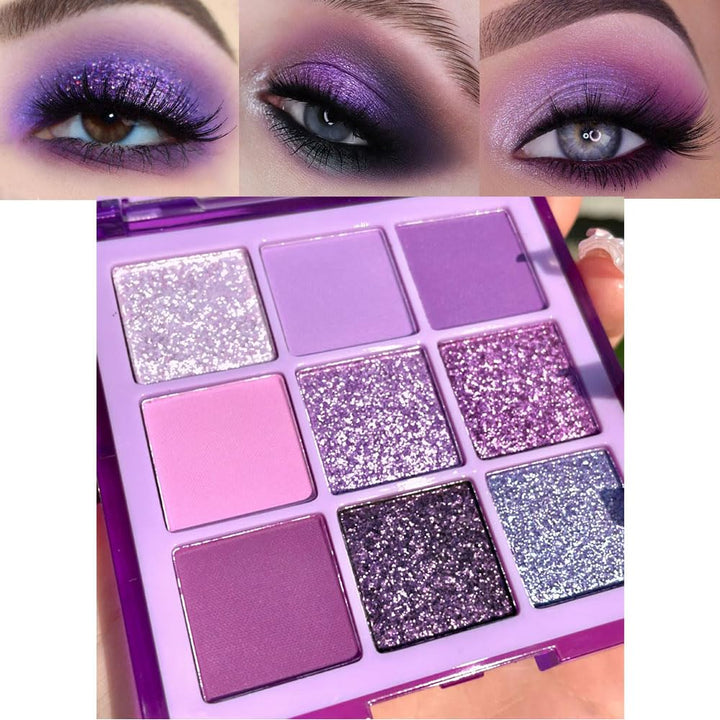 9 Colors Purple Glitter Eyeshadow Palette, Lavender Violet Purple Pink Glitter Metallic Shimmer Sparkly Eye Shadow Palette Makeup for Older Women Blue Eyes, Highly Pigmented Waterproof Eyeshadow