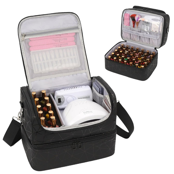 Nail Polish Organizer Case, Nail Supplies Storage Box Holds 45 Bottles Nail Polish & Nail Lamp, Travel Nail Tech Carrying Case, Nail Kit Bag for Nail Stuff & Manicure Tools
