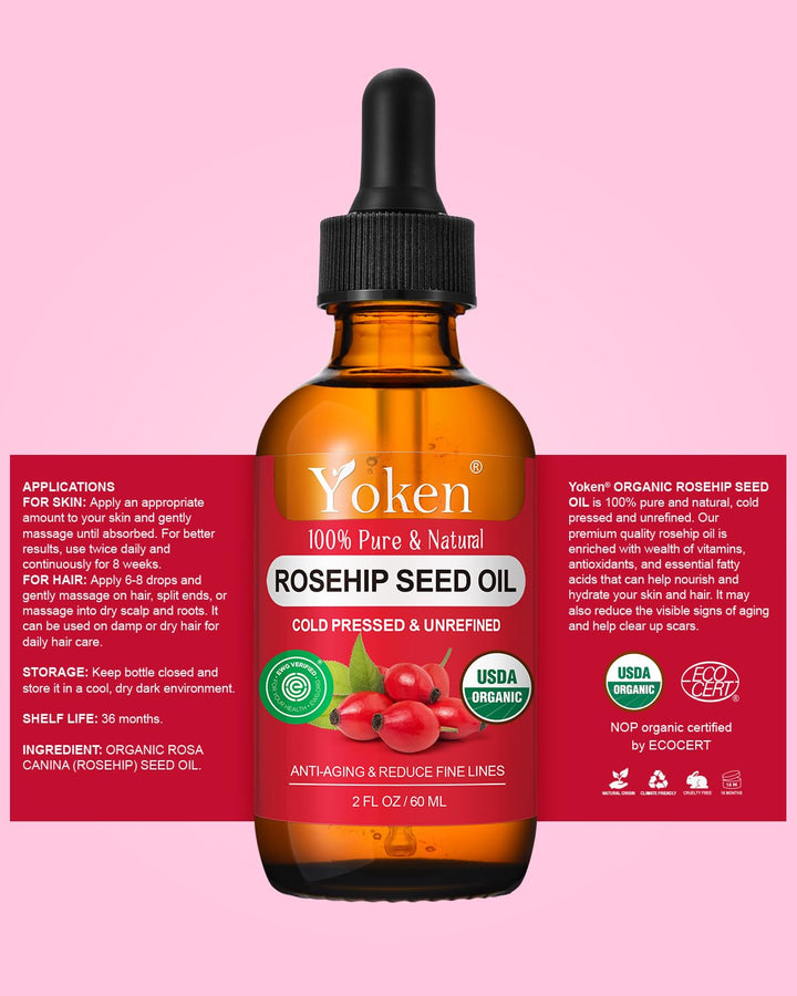 Organic Rosehip Seed Oil for Face,100% USDA Pure Rosehip Oils for Skin,Scars,Hair & Nails.2 Fl Oz Cold Pressed Rose HIPS Oils for Skin Care, Anti-Aging, Scar Treatment, GUA SHA Massage Carrier Oil
