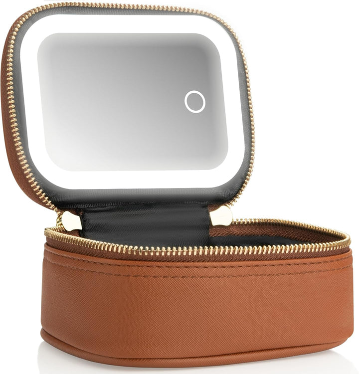 Small Makeup Bag with Led Mirror, Mini Travel Make up Bag 3 Light Modes Adjustable Brightness, for Women Organizer Cosmetic Bag, Portable Travel Train Toiletry Bag, for Pool Parties Work Touch-Ups