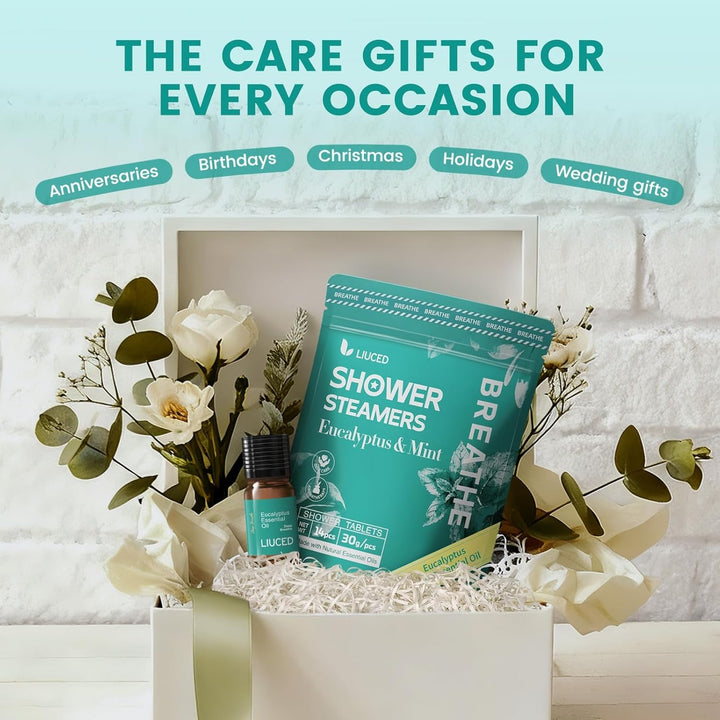 Shower Steamers Aromatherapy - 14 Pack Eucalyptus & Mint Shower Bombs and 5Ml Natural Eucalyptus Essential Oils, Nasal Relief, Self Care Stress Relief Gifts for Mom Wife, Christmas Gifts for Women Men