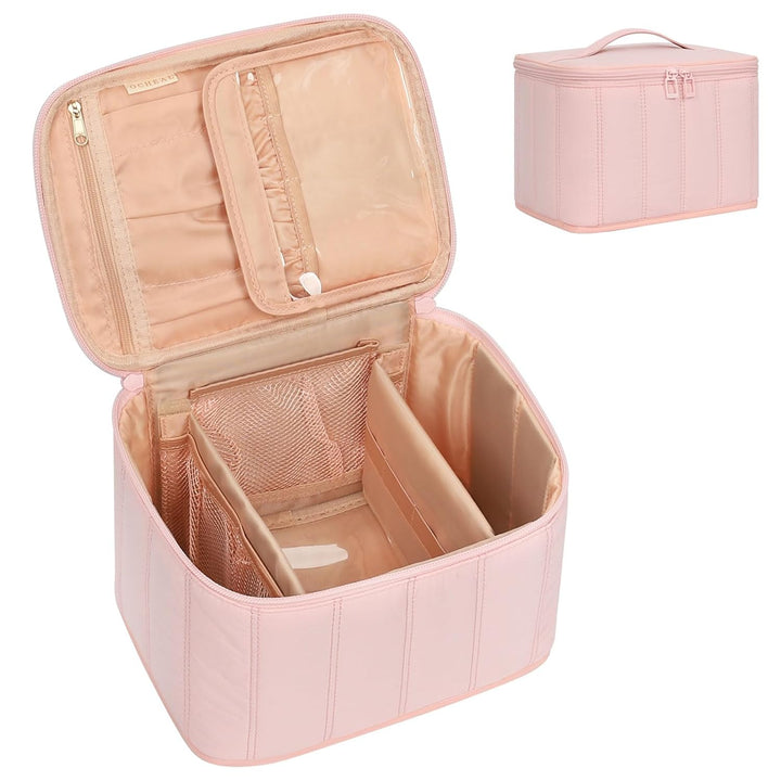 Makeup Bag, Portable Cosmetic Bag, Large Capacity Travel Makeup Case Organizer, Black for Women Toiletry Bag for Girls Traveling with Handle and Divider