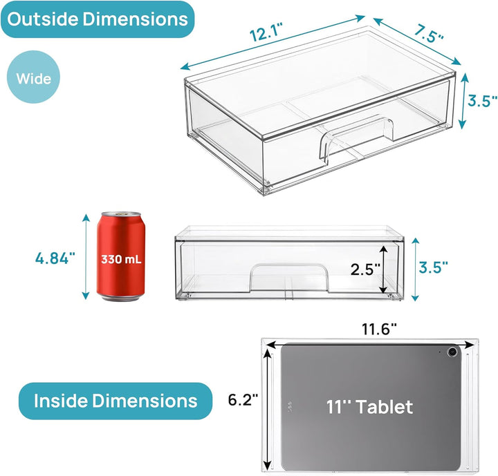 12.1''W Clear Stackable Storage Drawers,2 Pack Acrylic Plastic Organizers Bins for Makeup Palettes, Cosmetics, and Beauty Supplies,Ideal for Vanity, Bathroom,Cabinet,Desk Organization