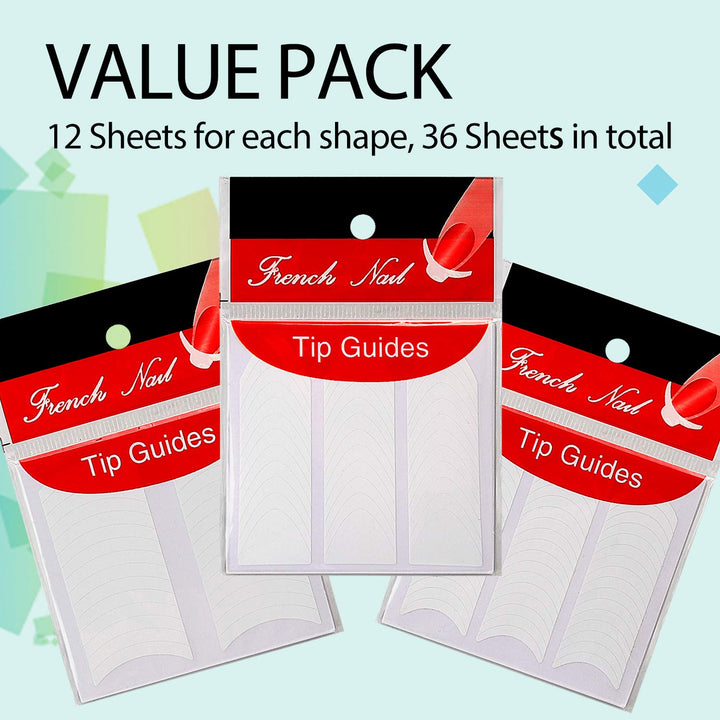 36 Sheets 1368 Pieces French Manicure Nail Art Stickers, 3 Designs Self-Adhesive Nail Tips Guides for DIY Decoration Stencil Tools (3 Moon Shape Design, 36 Sheets)