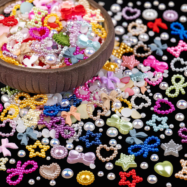 600Pcs 3D Multi Shapes Nail Charms and Flatback Pearls, White Mix Styles Heart Star Bow Sunflower Embellishments for Nail Art, Craft and Decoration with Glue Gel, Tweezer and Pickup Pencil