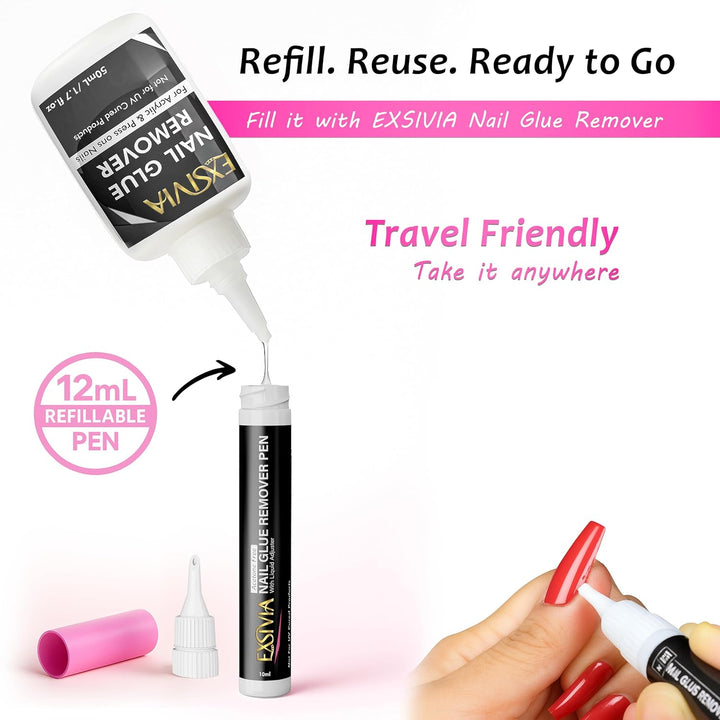 Nail Glue Remover Pen 10Ml Refillable Acetone Free Precision Nozzle with Cuticle Pusher Safely Removes Press on Nails & Glue Gentle on Natural Nails Odorless Formula