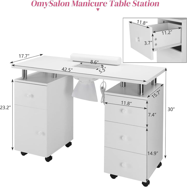 Manicure Table Nail Desk for Nail Tech, Nail Table Beauty Salon Station W/Electric Dust Collector Acetone Resistant W/Lockable Wheel,Arm Rest