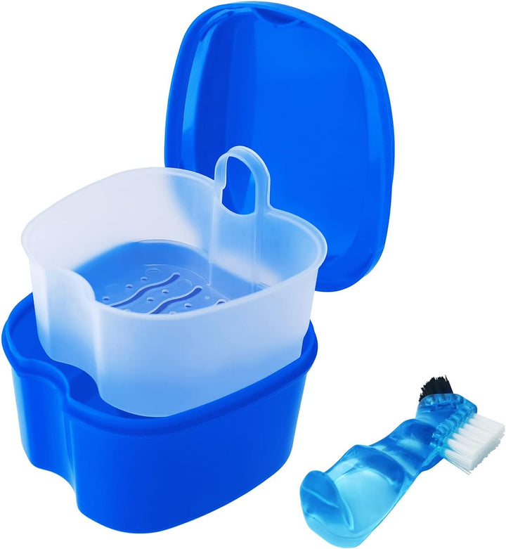Black Denture Soaking Container Partial Denture Case, Orthodontic Retainer Cleaning Case Denture Cleaner Container Dentures Teeth Cup with Strainer and Lid Waterproof