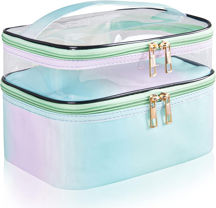 Double-Layer Cosmetic Bag Makeup Bag Travel Makeup Bag Makeup Bags for Women Cosmetics Cases Portable Waterproof Foldable (Leopard)