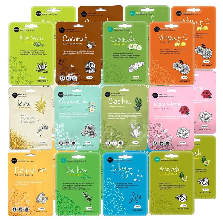 Celavi Essence Facial Sheet Face Mask Variety Set Classic Authentic Korean Moisturizing Skincare (12-Packs)