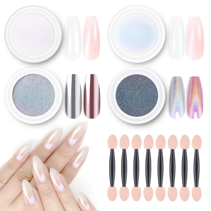 8 Jars Chrome Nail Powder Magic White Pearl Kit Mirror Effect Silver Metallic Holographic Dip Nail Powder Decoration Iridescent Aurora Mermaid Pigment