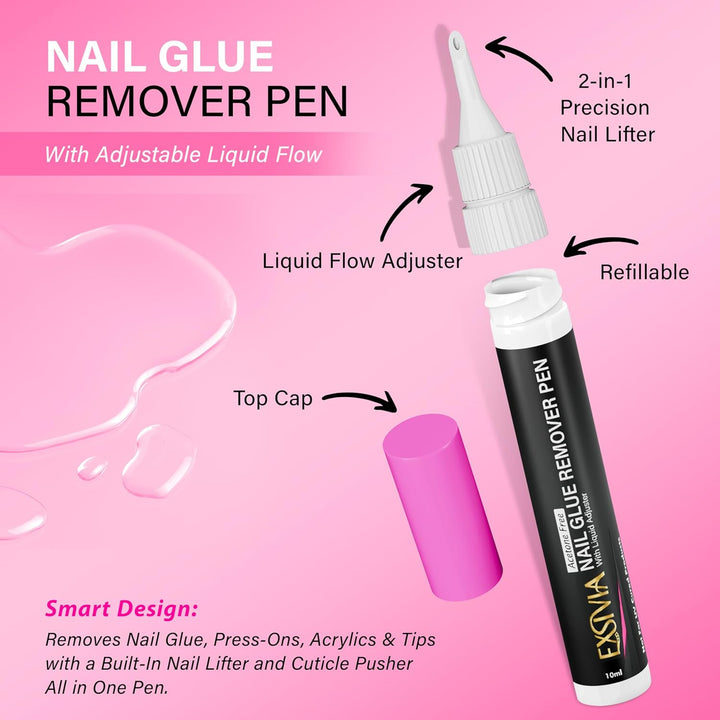 Nail Glue Remover Pen 10Ml Refillable Acetone Free Precision Nozzle with Cuticle Pusher Safely Removes Press on Nails & Glue Gentle on Natural Nails Odorless Formula