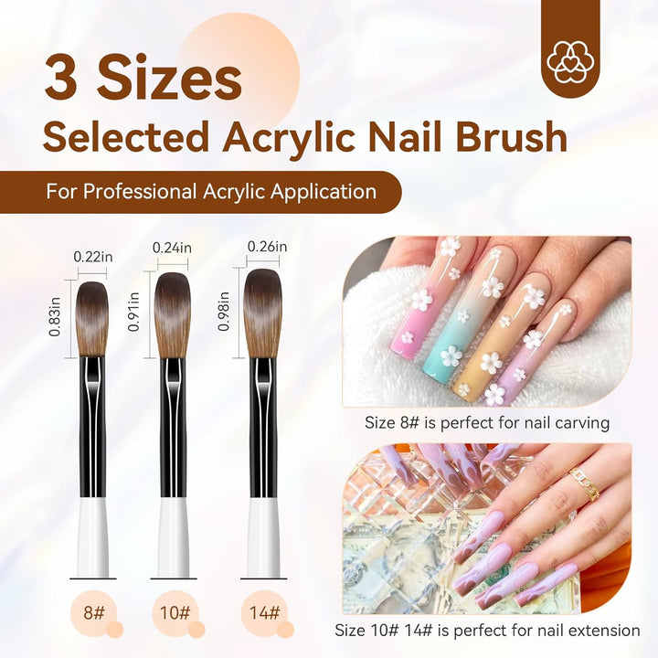 3Pcs Acrylic Nail Brush Set, Size 8/10/14 Kolinsky Acrylic Nail Brushes for Acrylics Application, Acrylics Powder Nails Art Extension with Black & White Handle for Beginner & Professional