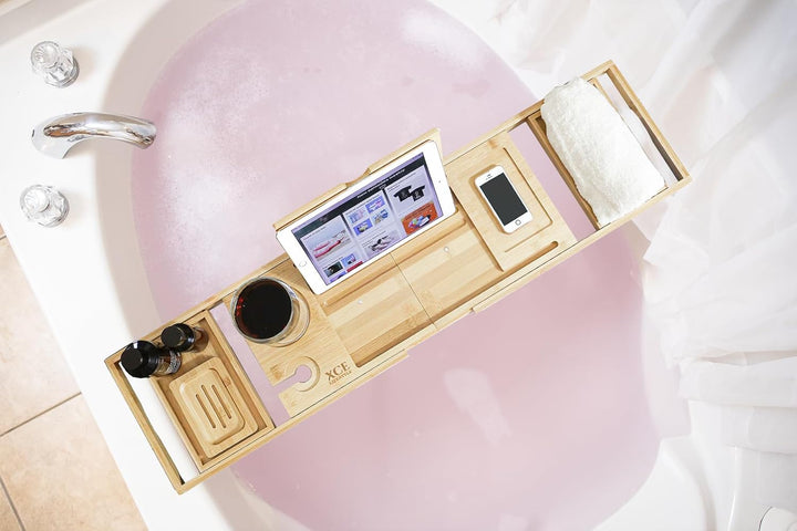 Foldable Bathtub Tray Expandable to 105Cm for Luxury Bath, Bath Tray for Bathtub (Bamboo)