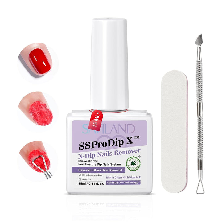 Sspro X Dip Powder Remover Kit: Gentle & Easy Dip Nails Removal No Need Soaking or Wrapping with Nail File Nail Scraper for Dipping Powder 0.5 Floz Home Use