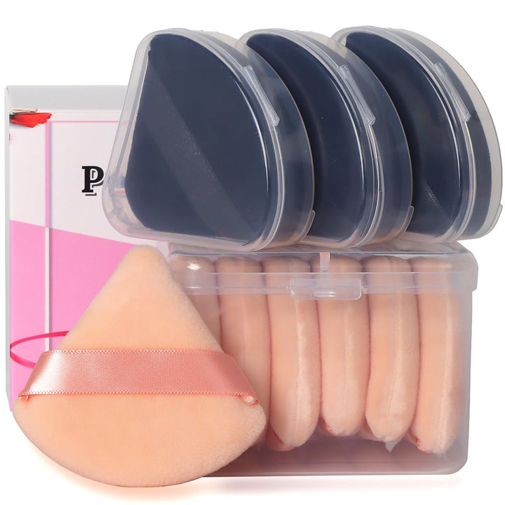 10Pcs Triangle Powder Puffs for Face Powder,Soft Velour Triangular Beauty Puff,Makeup Pressed,Baking & Setting Powder Sponge Applicator Pads with Case,Black