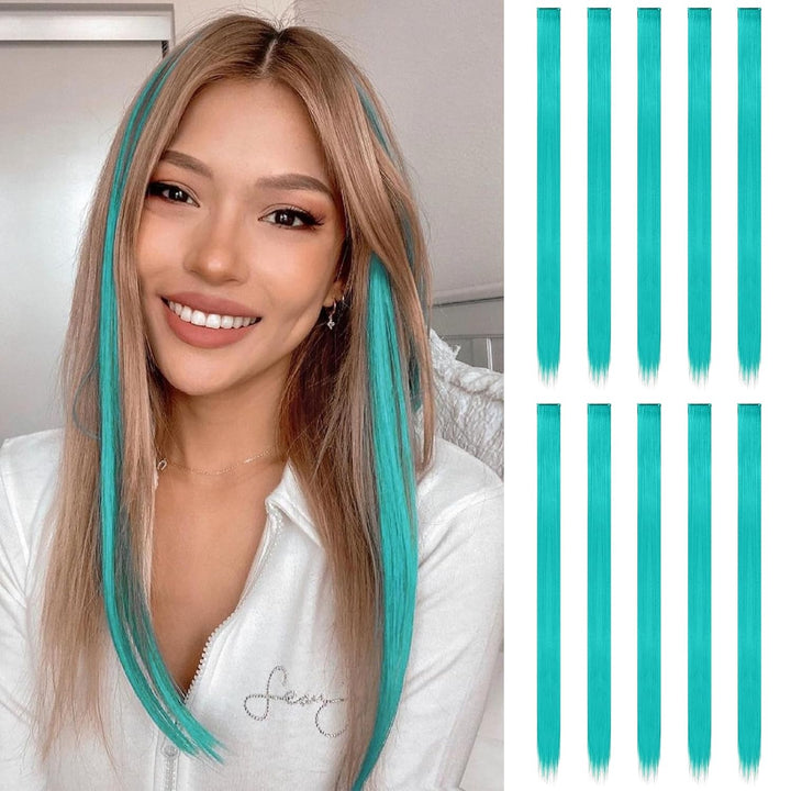 Colored Clip in Hair Extensions - 10 PCS Skyblue Light Blue Highlighted Hair Piece Straight Synthetic Clip in Hairpieces for Women 22 Inch