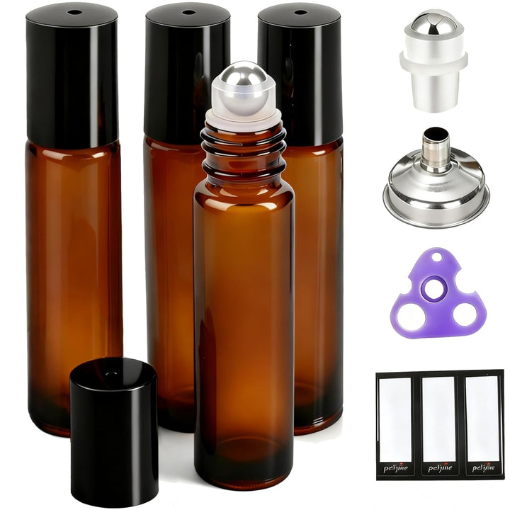 Set of 12, 10 Ml Amber Glass Roller Bottles for Essential Oil with Stainless Steel Roller Ball - Refillable Leak-Proof Empty Roll on Bottles with Black Caps for Travel, Perfume, Lab