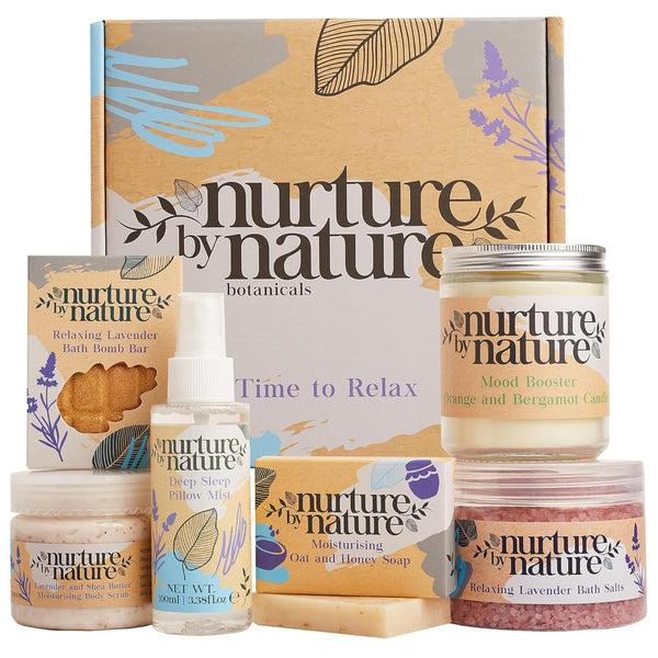 Nurture by Nature RELAX & CALM Spa Kit - Birthday Gifts for Women - Spa Gift Baskets for Women, 6-In-1 Self Care Kit, Bath Sets Gift - Lavender Pillow Mist, Bath Salts, Body Scrub, Bath Bomb