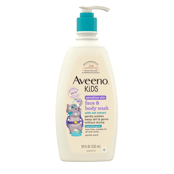 Aveeno Kids Face & Body Wash for Sensitive Skin, Oat Extract, Tear-Free, Non-Drying, Light Scent, Pump Dispenser, Hypoallergenic, Phthalate, Sulfate & Dye Free, 18 Fl Oz