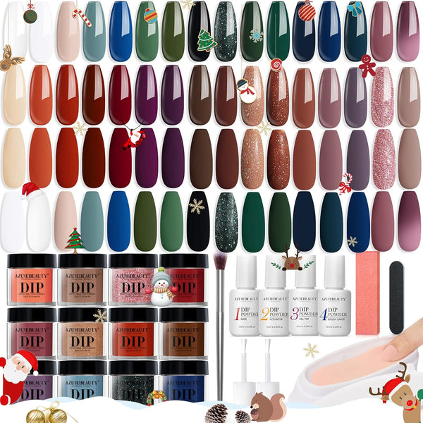 42Pcs Dip Powder Nail Kit Starter, 32 Colors Green Nude Brown Blue Christmas Dipping Powder Set with Top/Base Coat & Recycling Tray for French Art Manicure Salon