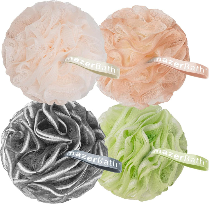 Charcoal Loofah Sponge, Shower Loofah 60G/Pcs - Body Scrubber Loofa Set of 4 - Charcoal Blue, Green, Purple & Red, Bath Sponge for Men and Women