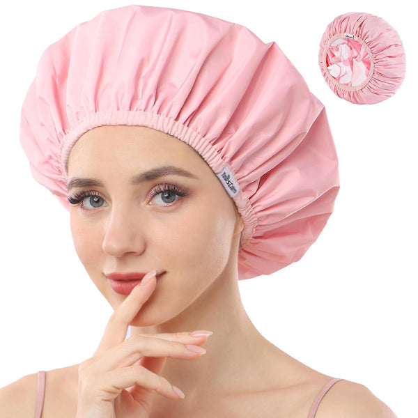 Shower Caps for Women Reusable Waterproof，Pattern and Solid Color Dual-Layer Design for Dual-Layer Usable，Protects Hair in Shower, Spa, Cooking, Clean & Travel (Pink, One Size)