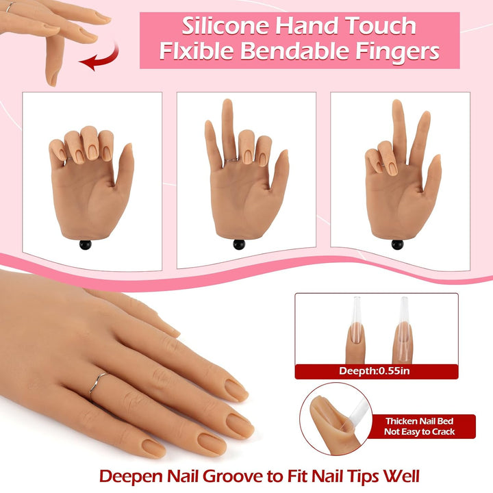 Practice Hand for Acrylic Nails, Silicone Nail Hand Practice, Flexible Fingers Fake Training Hand False Mannequin Hands for Nail Practice, Hand Model Kit for Nail Supplies Manicure Beginners