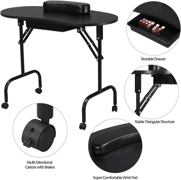 37-Inch Portable & Foldable Manicure Table Nail Desk Workstation with Large Drawer/Client Wrist Pad/Controllable Wheels/Carrying Case for Spa Beauty Salon Black