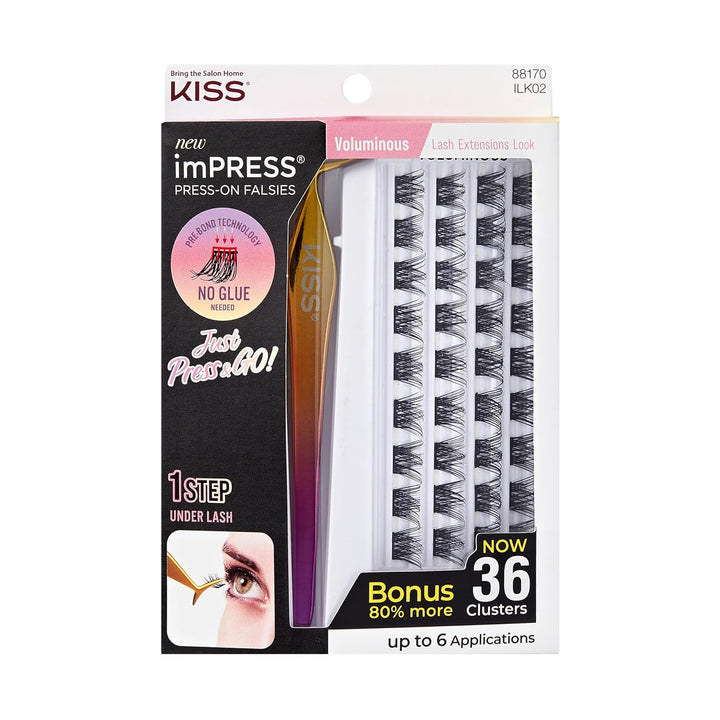 KISS  Falsies Press on Self Adhesive Eyelashes, 12Mm-14Mm Natural Volume Press on Lashes, Black, No Glue Needed, Invisible Band, 20 Lash Clusters & Non-Stick Applicator - Natural