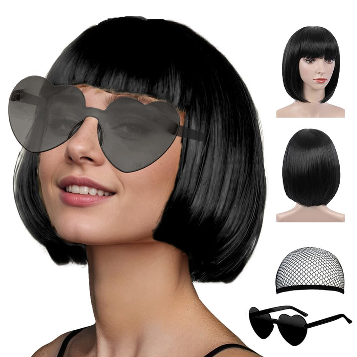 Short Bob Hair Wigs Straight with Flat Bangs Synthetic Colorful Cosplay Daily Party Neon Wig for Women + Free Wig Cap 14" Natural as Real