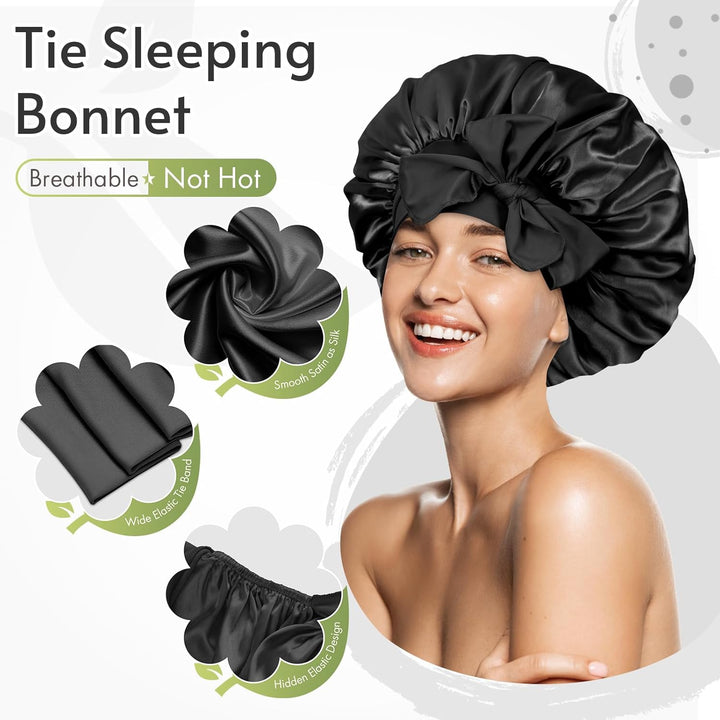 Silk Bonnet for Sleeping Women Satin Bonnet Night Sleep Cap Hair Wrap for All Hair with Adjustable Tie Band,Black