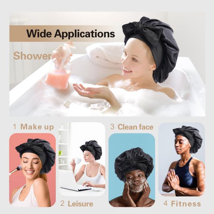 Silk Bonnet for Sleeping Women, Ajustable Hair Bonnet for Curly Hair with Tie Band Shower Caps Black，Large