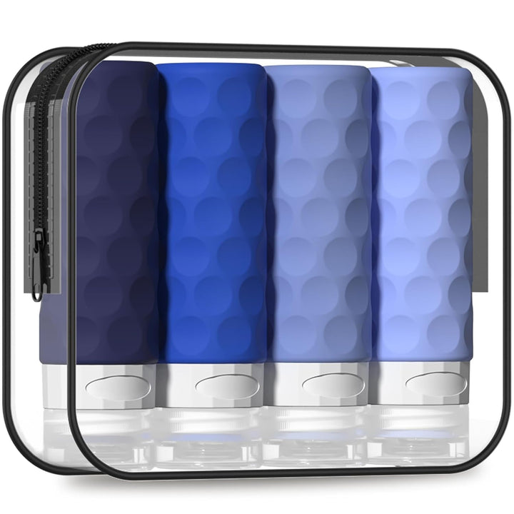 Travel Bottles for Toiletries, 4Pcs Tsa Approved 3Oz Travel Size Containers, BPA Free Leak Proof Premium Silicone Bottles, Refillable Liquid Squeezable Accessories W/Toiletry Bag