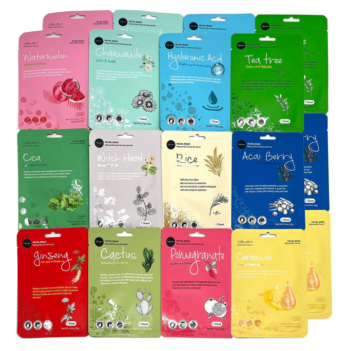 Celavi Essence Facial Sheet Face Mask Variety Set Classic Authentic Korean Moisturizing Skincare (12-Packs)