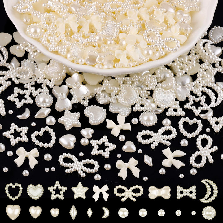 1200Pcs 3D Multi Shapes Nail Charms and Flatback Pearls, White&Pink Mix Styles Heart Star Bow Sunflower Embellishments for Nail Art, Craft and Decoration with Tweezer and Pickup Pencil