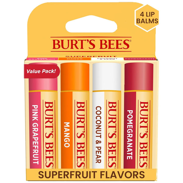 Lip Balm - Pink Grapefruit, Mango, Coconut & Pear, and Pomegranate Pack, Lip Moisturizer with Beeswax, Tint-Free, Natural Origin Conditioning Treatment, 4 Tubes, 0.15 Oz.