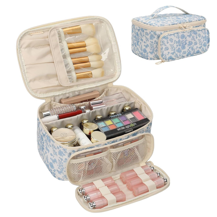 Makeup Bag, Portable Cosmetic Bag, Large Capacity Travel Makeup Case Organizer, Black for Women Toiletry Bag for Girls Traveling with Handle and Divider