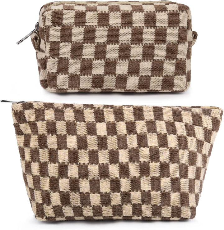 2 Pieces Makeup Bag Large Checkered Cosmetic Bag Capacity Canvas Mix Travel Toiletry Bag Organizer Cute Makeup Brushes Aesthetic Accessories Storage Bag for Women, Checkered Mix Rose Red