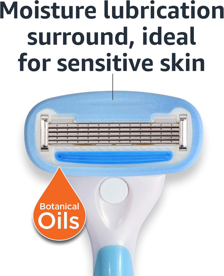 5-Blade Razor Handle for Women, Includes 12 Cartridges and Shower Hanger, 14 Piece Set, Blue