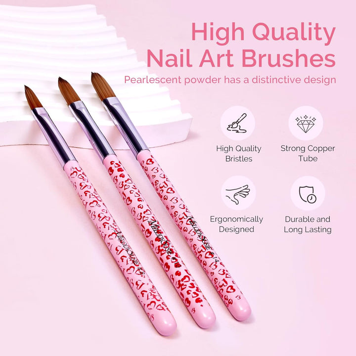 3-Piece Acrylic Nail Brush Set - Sizes 8/10/14, Professional Nail Art Tool for Acrylic Application, Powder, Extension & 3D Carving - Pink