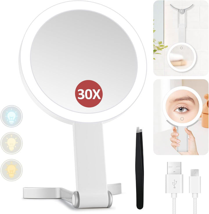 Lighted Makeup Mirror, 30X Magnifying Mirror with Light and Adjustable Brightness, Hanging and Handheld Mirror with Handle, Portable Travel Makeup Mirror with Lights, Vanity Mirrors for Women