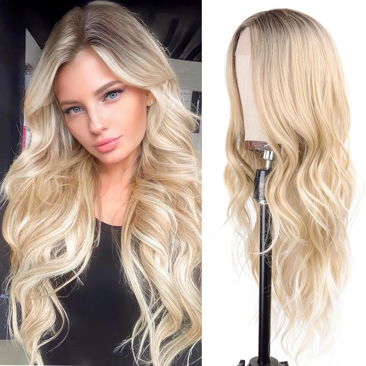 Mixed Blonde Long Wave Wig for Women -26Inch Middle Part Long Curly Wig Heat Resistant Synthetic Hair Looking Natural, Fiber Wig for Daily Party Use