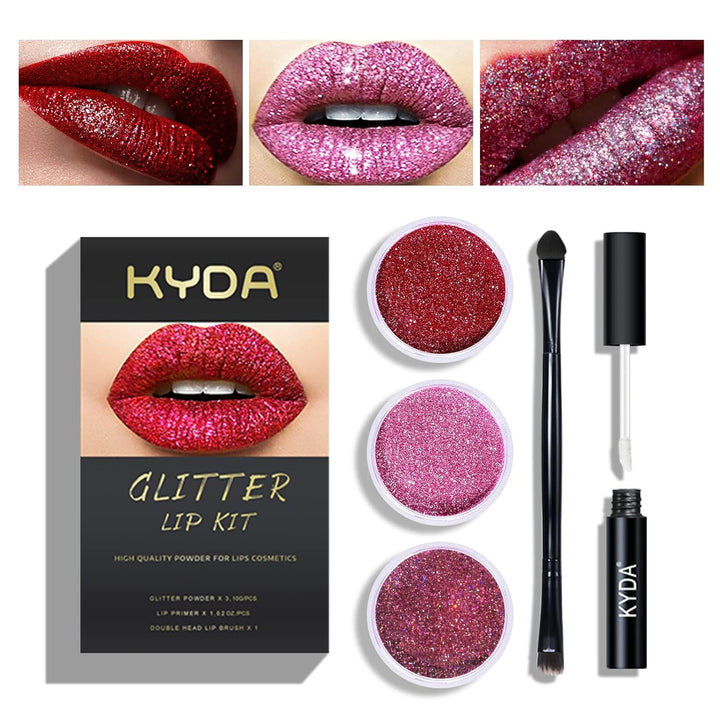 3 Colors Glitter Lip Kit, Diamond Metllic High Pigmented Powder for Lips Cosmetics, Glitter Lips Makeup,With Lip Primer and Brush, Long Wear-Set D