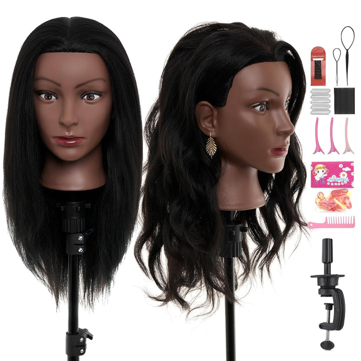 Mannequin Head with 80% Real Human Hair, 28“ Make up Cosmetology Manikin Practice Head with Hair,Braiding Hairdressing Doll Head with Table Clamp + DIY Hair Styling Set Suitable for Hair Extensions