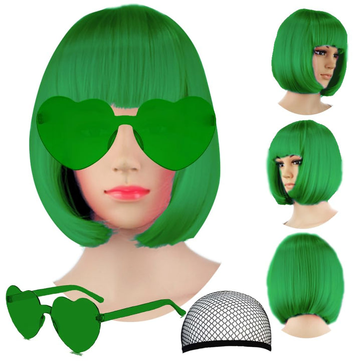 Short Bob Hair Wigs Straight with Flat Bangs Synthetic Colorful Cosplay Daily Party Neon Wig for Women + Free Wig Cap 14" Natural as Real