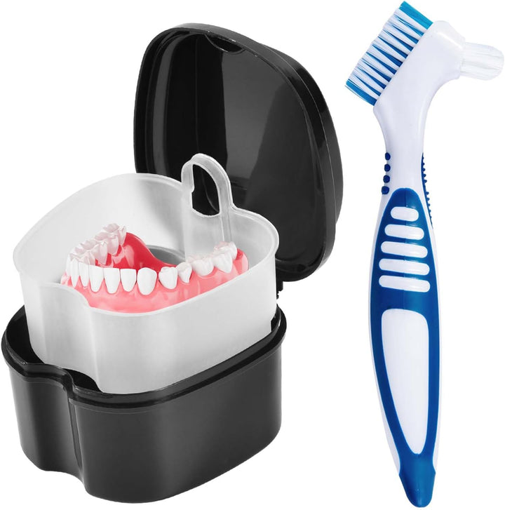 2 Pack Denture Bath Case Cup Box Holder Storage Container with Denture Cleaner Brush Strainer Basket for Travel Cleaning (Light Blue and Blue)