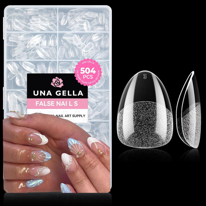 Almond Gel Nail Tips, 504PCS Pre Etched Clear Fake Nails Tips Medium Almond Shape - 12 Sizes Full Cover Soft Acrylic Press on Nail Extensions No C Curve Gift for Diy at Home