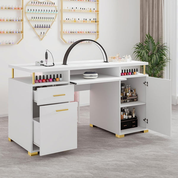 White and Gold Nail Desk for Nail Tech, Manicure Table with 2 Drawers and Cabinet, 55 Inch Nail Table with Movable Shelf, Manicure Table Nail Station