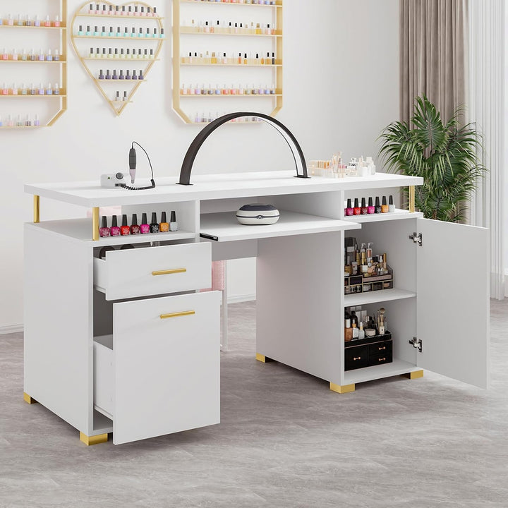 White and Gold Nail Desk for Nail Tech, Manicure Table with 2 Drawers and Cabinet, 55 Inch Nail Table with Movable Shelf, Manicure Table Nail Station